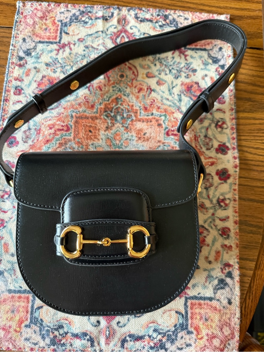 Black Saddle Crossbody Bag with Gold Horsebit Hardware